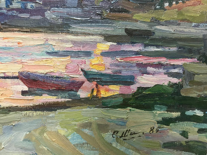 Vibrant impressionist oil painting by Shadrin S. of red boat on colorful waterway
