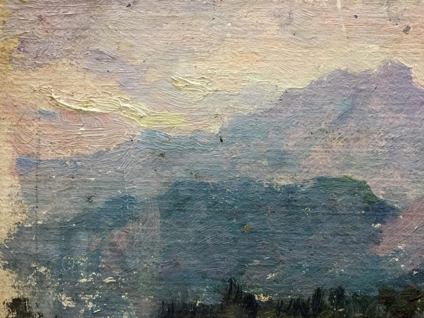 Oil painting Isle: textured mountainous landscape in blue purple hues