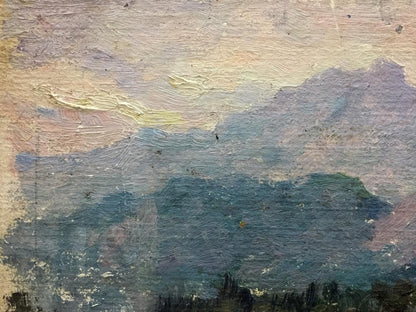 Oil painting Isle: textured mountainous landscape in blue purple hues