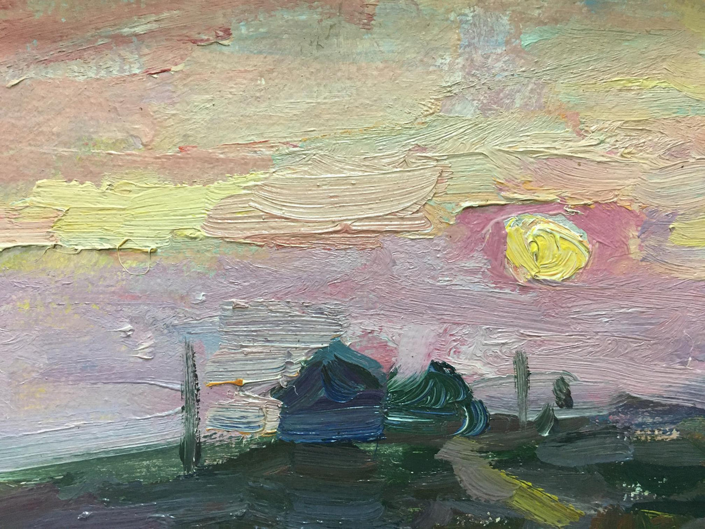 Serene sunset oil painting by Shadrin S. with pinks, yellows, greens
