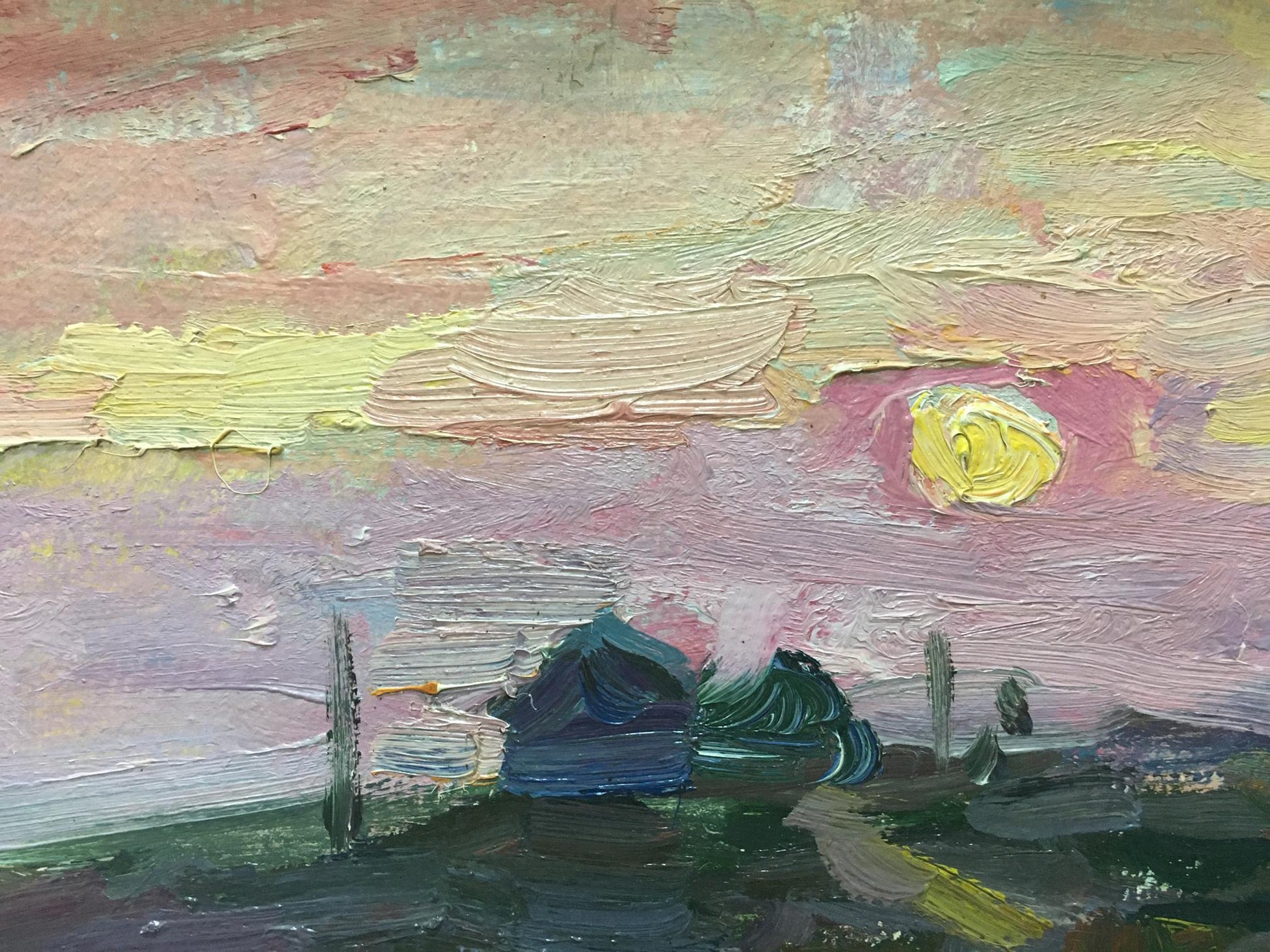 Serene sunset oil painting by Shadrin S. with pinks, yellows, greens
