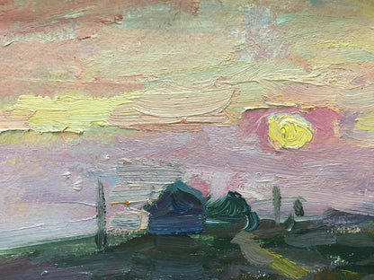 Serene sunset oil painting by Shadrin S. with pinks, yellows, greens