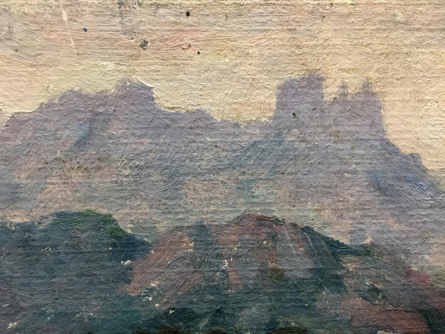 Textured oil painting Isle of muted mountainous landscape