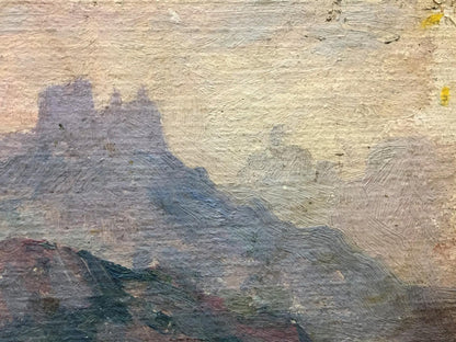 Textured impressionistic oil painting Isle hazy landscape in purples grays