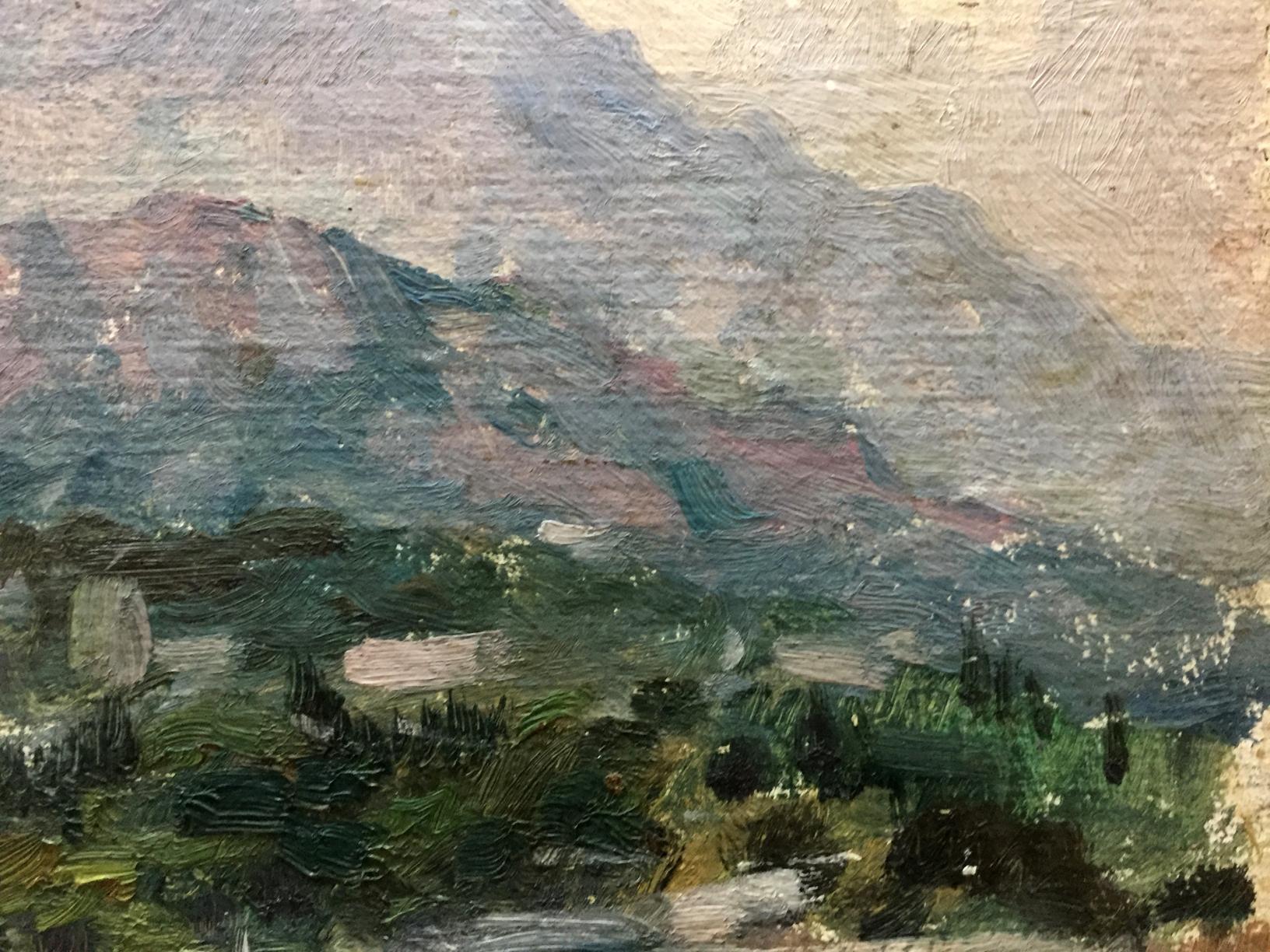 Oil painting Isle: textured mountainous landscape in greens, purples, earth tones