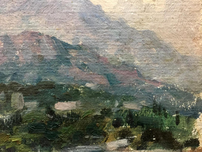 Oil painting Isle: textured mountainous landscape in greens, purples, earth tones