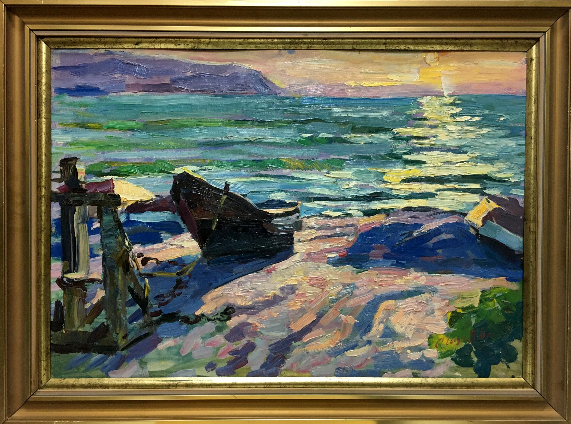 Oil painting Off the Coast by Shadrin S. in gold frame, vibrant coastal scene