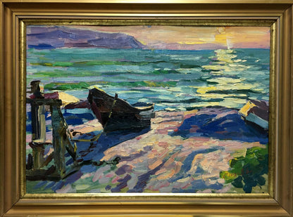 Oil painting Off the Coast by Shadrin S. in gold frame, vibrant coastal scene
