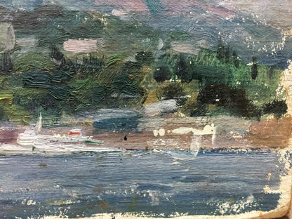 Oil painting Isle: white boat with red green accents on blue water, green hills, pink sky