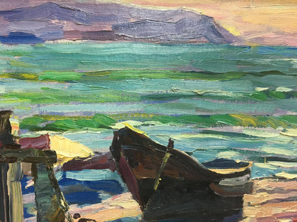 Oil painting Off the Coast Shadrin S: aged dark rowboat on shore