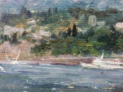 Impressionistic Oil Painting Isle coastal landscape in greens and blues