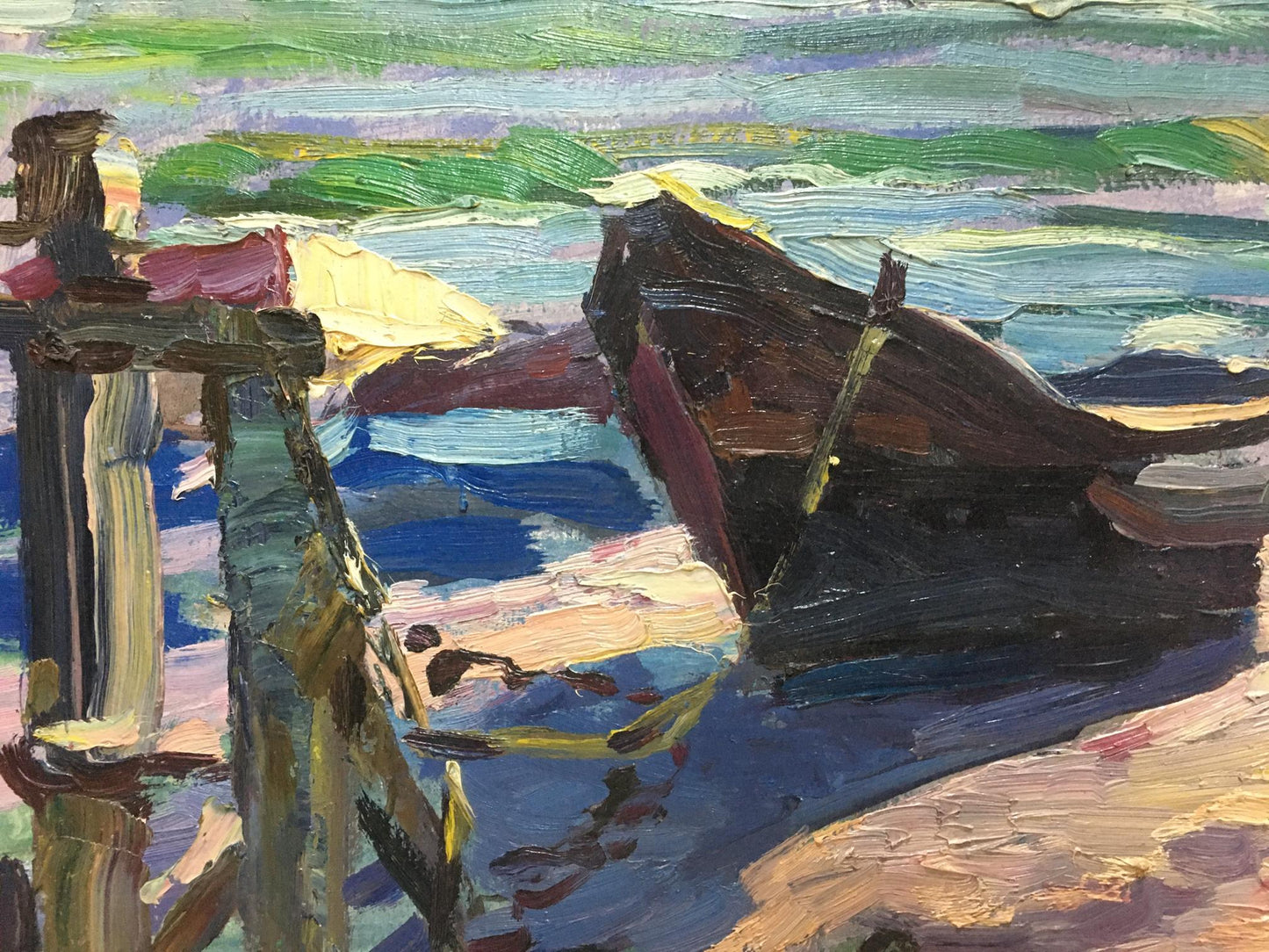 Oil painting Off the coast Shadrin S. weathered boat on sandy shore