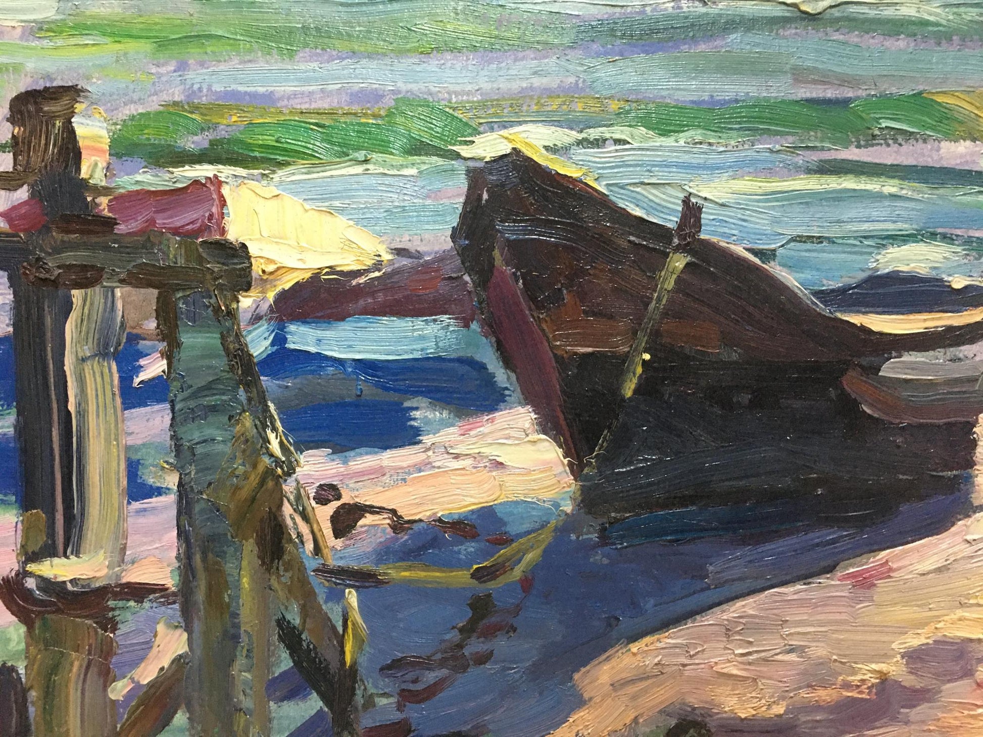 Oil painting Off the coast Shadrin S. weathered boat on sandy shore
