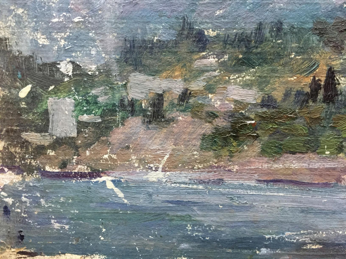Impressionistic Oil Painting Isle: textured shoreline with trees in blues and greens