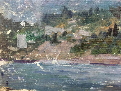Impressionistic Oil Painting Isle: textured shoreline with trees in blues and greens