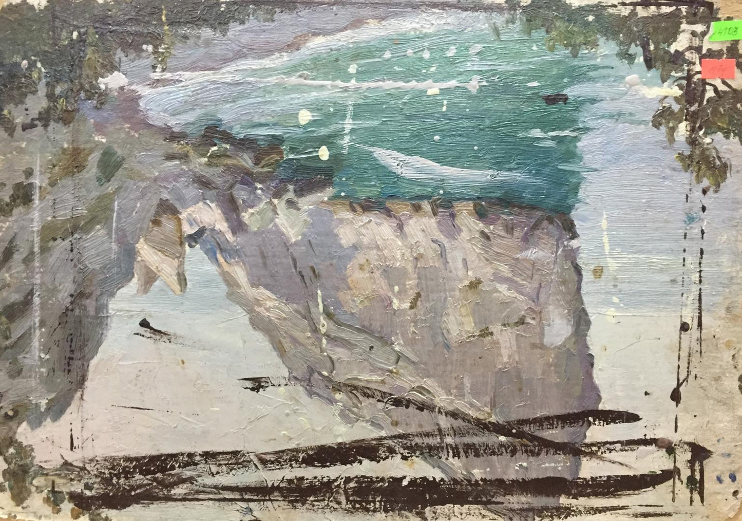 Textured impressionistic oil painting Isle of coastal cliff in grays and blues