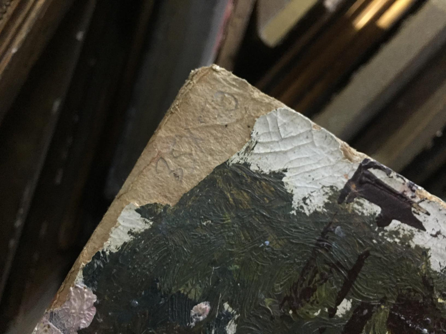 Weathered oil painting Isle canvas with textured dark greens and whites