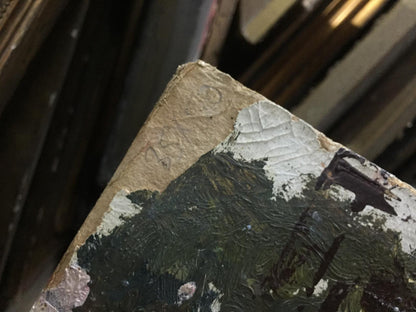 Weathered oil painting Isle canvas with textured dark greens and whites