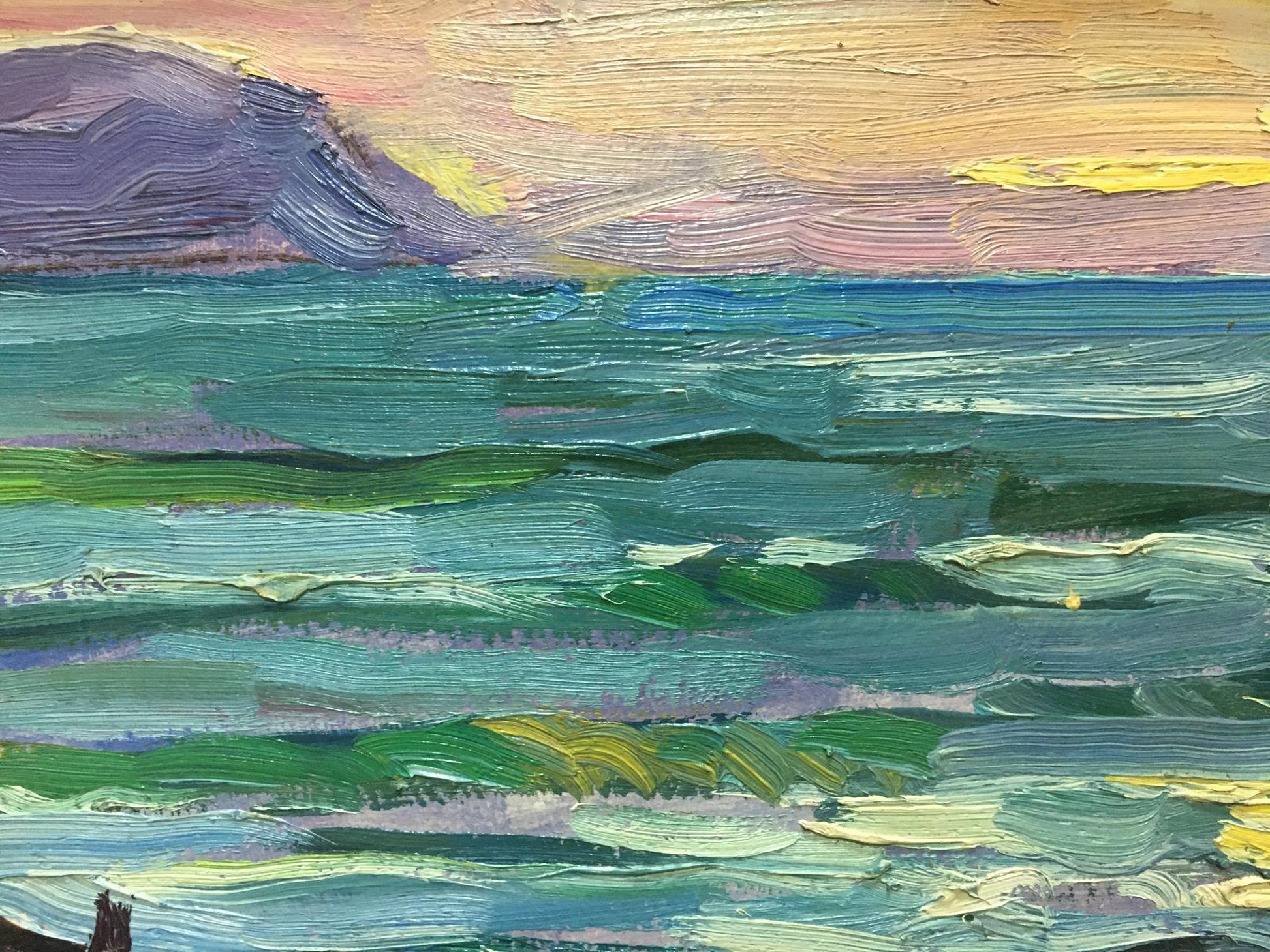 Oil painting Off the Coast by Shadrin S: teal waves under pink sky