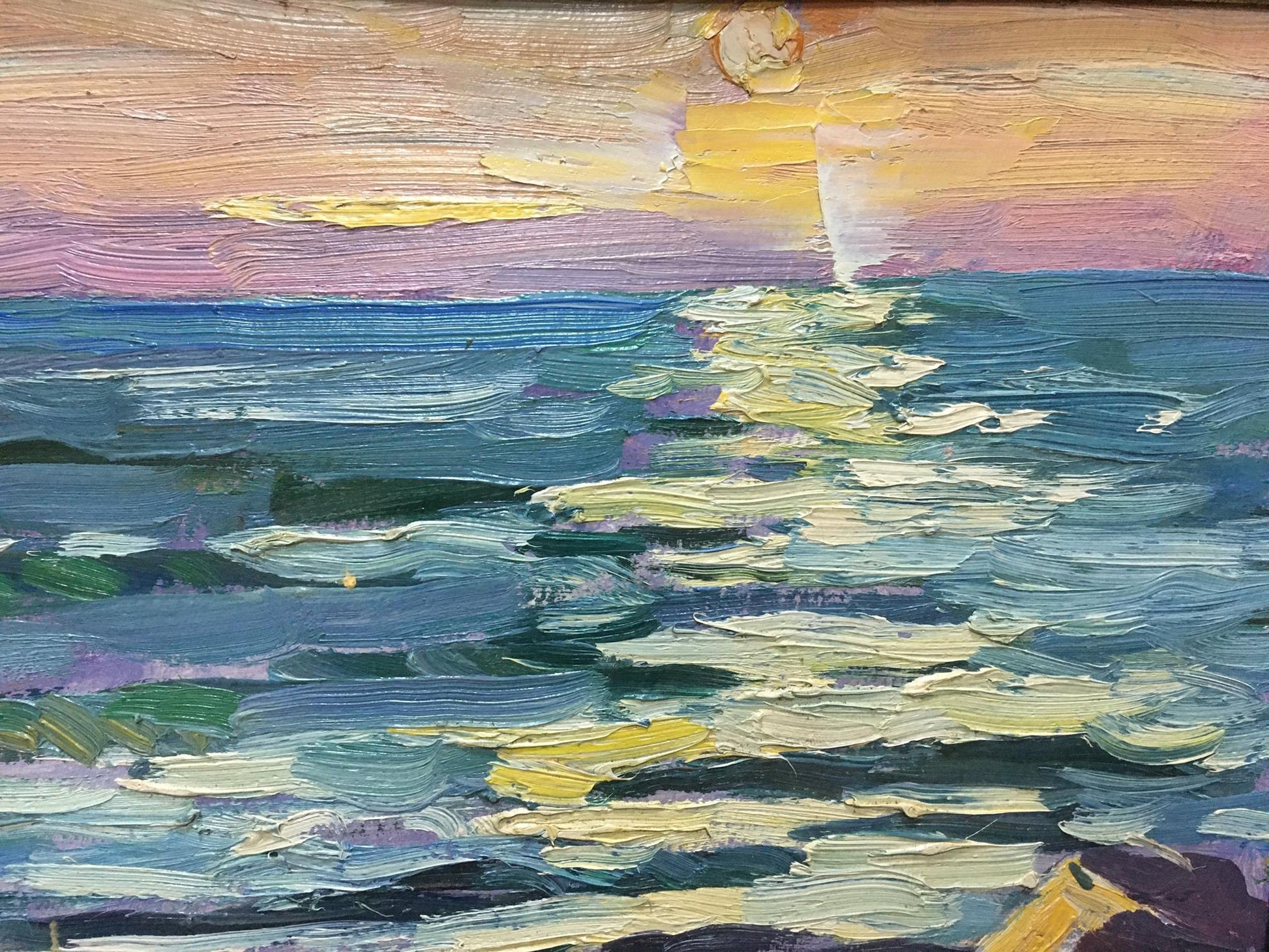 Oil painting Off the Coast by Shadrin S. sunset over ocean textured pink yellow blue