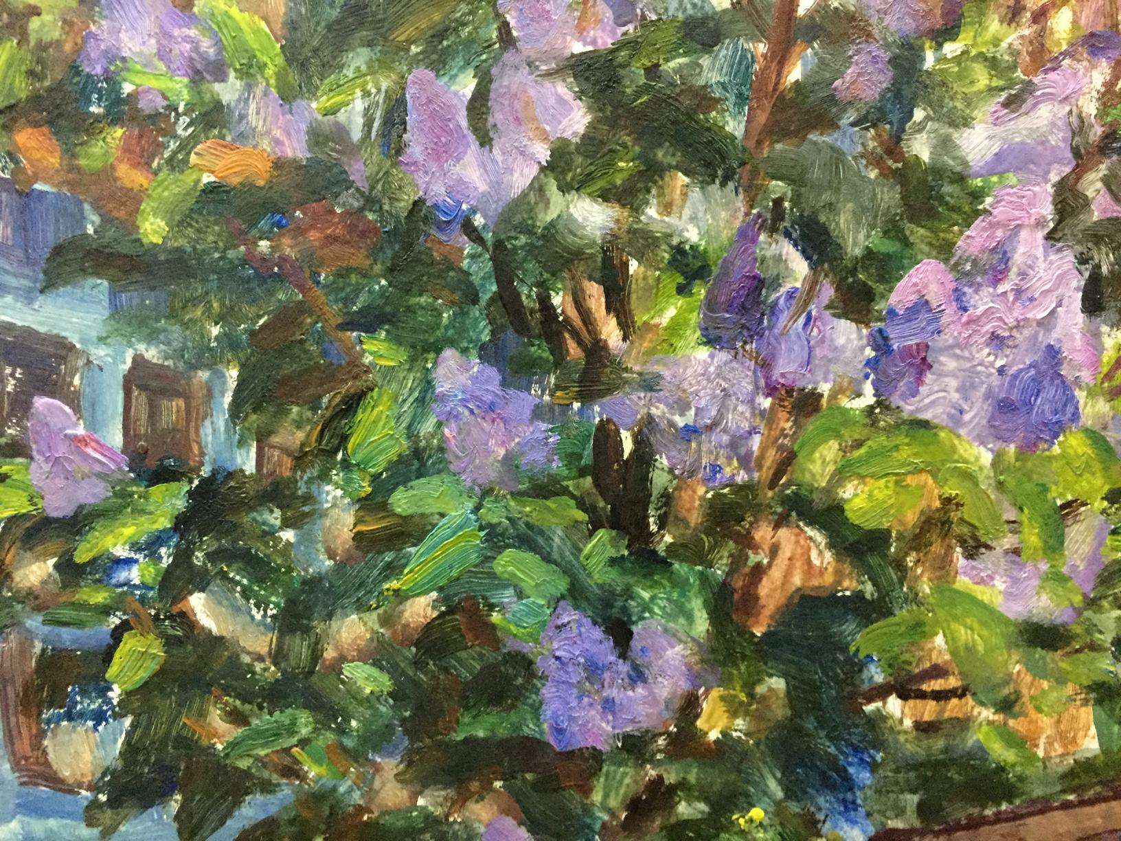Oil painting by Ivan Feodosievich Dziuban featuring a lilac bush adjacent to his residence