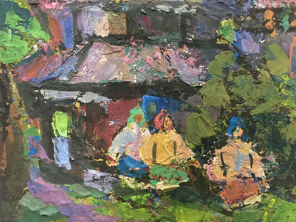 Vibrant impressionist painting depicting figures in a bustling outdoor market scene.