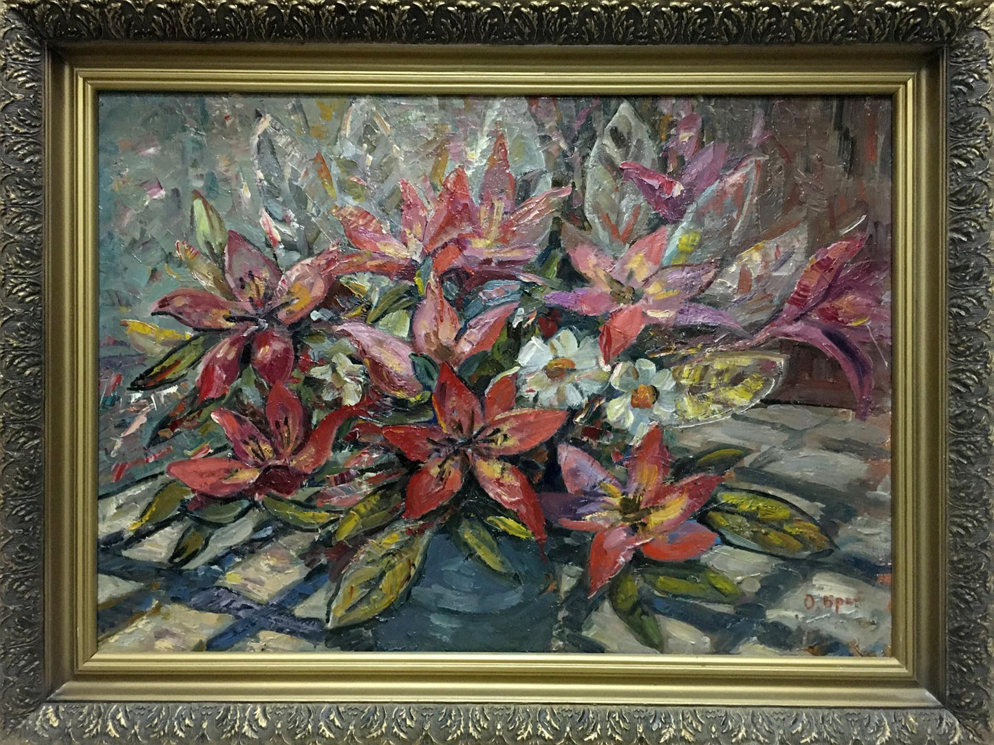 Oil painting Flowers Olga Brendel: pink white lilies in blue vase gold frame