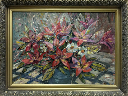 Oil painting Flowers Olga Brendel: pink white lilies in blue vase gold frame