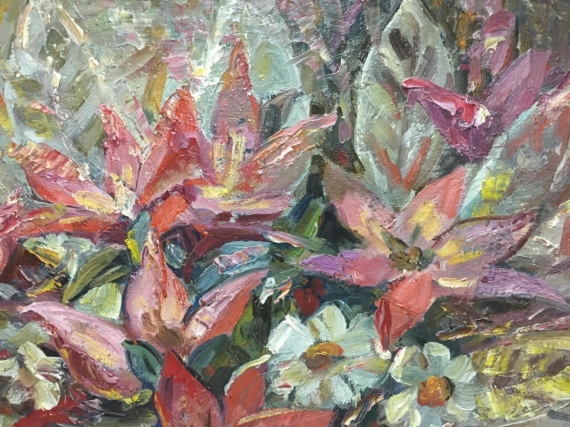Oil painting Flowers Olga Brendel: vibrant pink red blossoms, daisies, green foliage