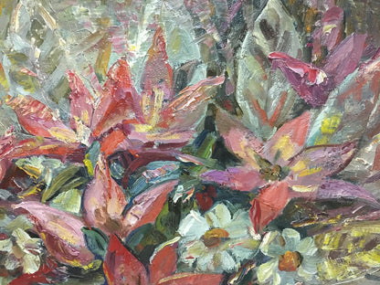 Oil painting Flowers Olga Brendel: vibrant pink red blossoms, daisies, green foliage