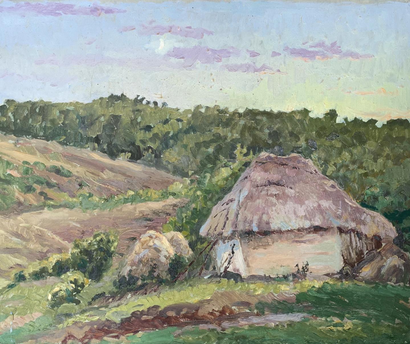 Oil painting of cozy rustic thatched-roof hut by A. G. Cherkas