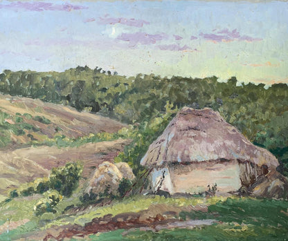 Oil painting of cozy rustic thatched-roof hut by A. G. Cherkas