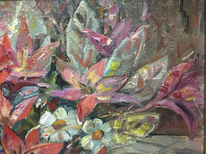 Vibrant oil painting Flowers Olga Brendel with pink red purple bouquet and white daisies