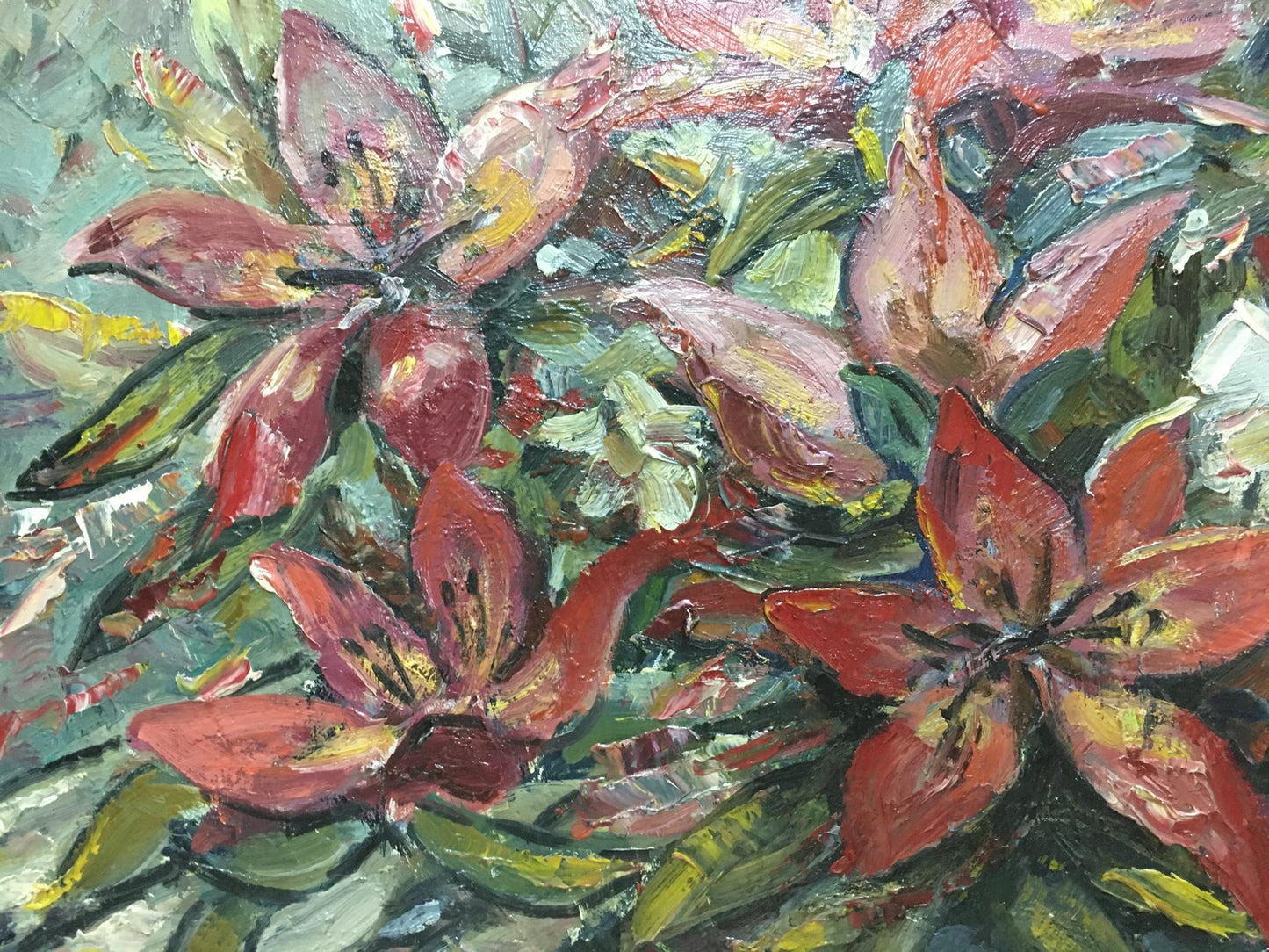 Vibrant red and pink lilies oil painting by Olga Brendel