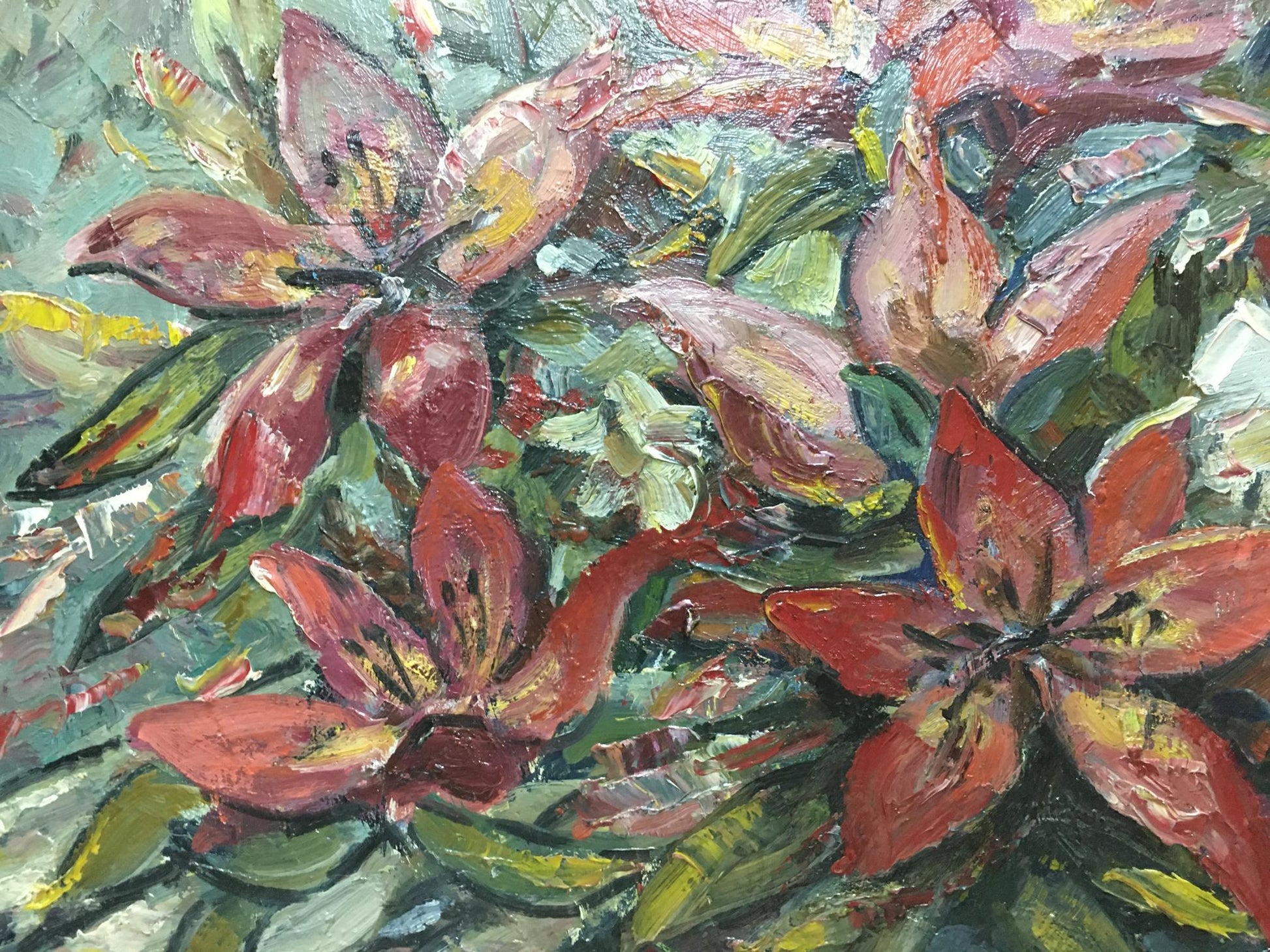 Vibrant red and pink lilies oil painting by Olga Brendel