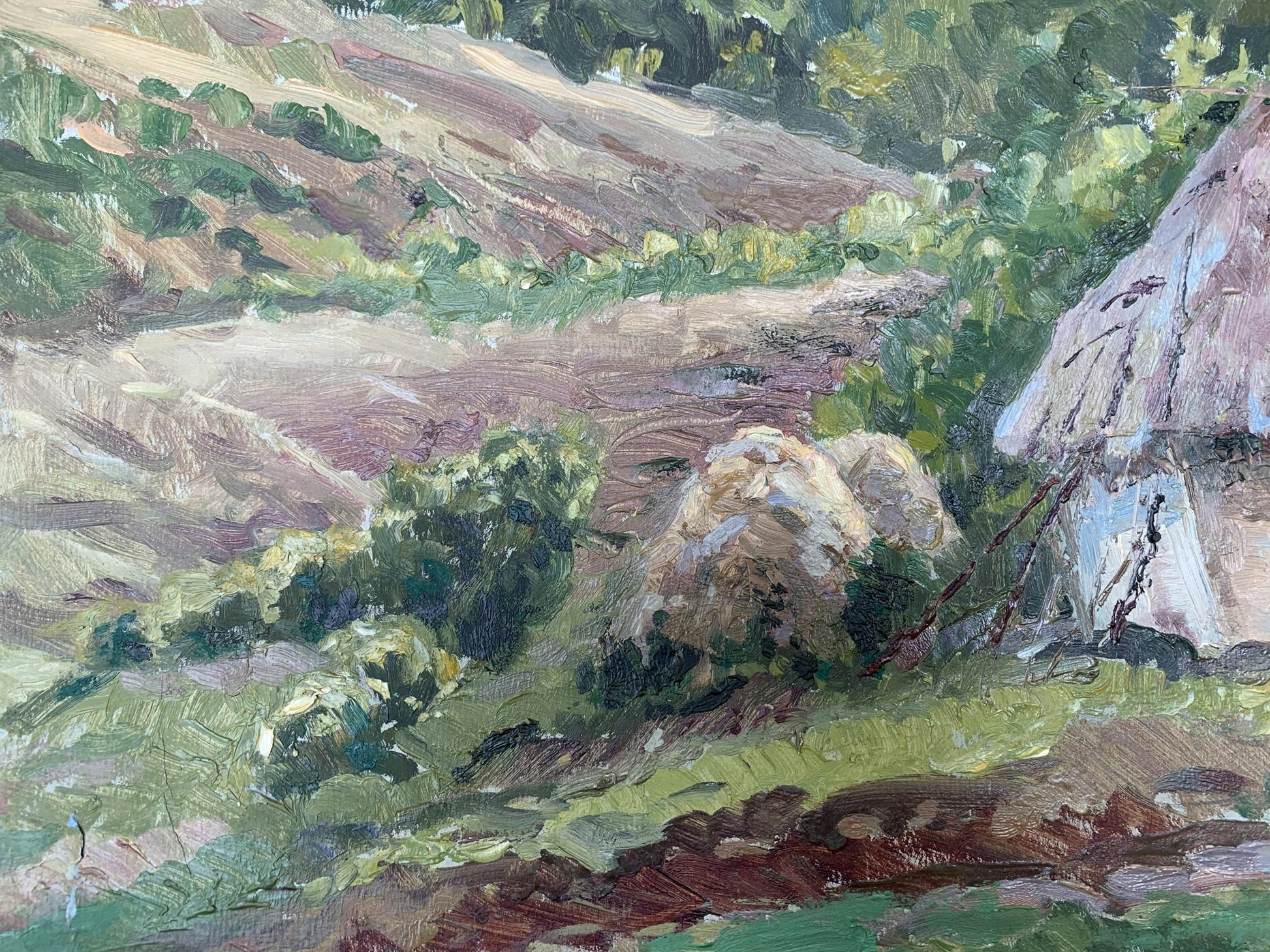Oil painting by A. G. Cherkas: rustic thatched-roof hut amid green shrubs and hills