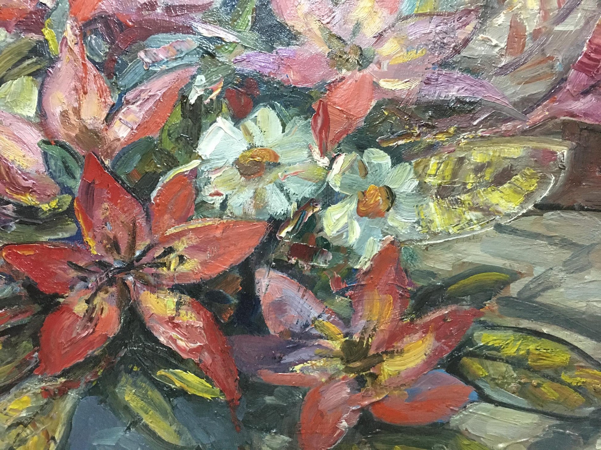 Vibrant impressionist oil painting Flowers Olga Brendel with red white lilies