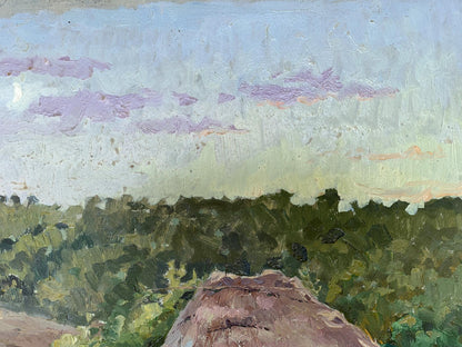 Oil painting by A. G. Cherkas: thatched roof over green forest under lavender sky