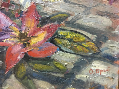 Vibrant red and yellow lily oil painting Flowers Olga Brendel