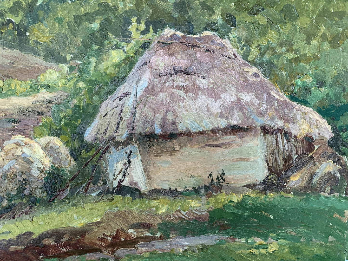 Oil painting by A. G. Cherkas of rustic thatched-roof hut in foliage