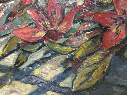 Oil painting Flowers Olga Brendel: vibrant red lilies with yellow centers