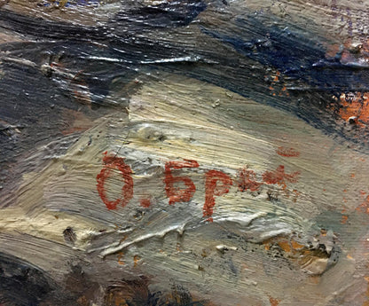 Back of Oil painting Flowers by Olga Brendel with red o. signature on textured gray blue canvas