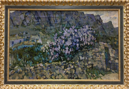 Vibrant impressionist oil painting of lilac blooms by Denis Korobkov in gold frame