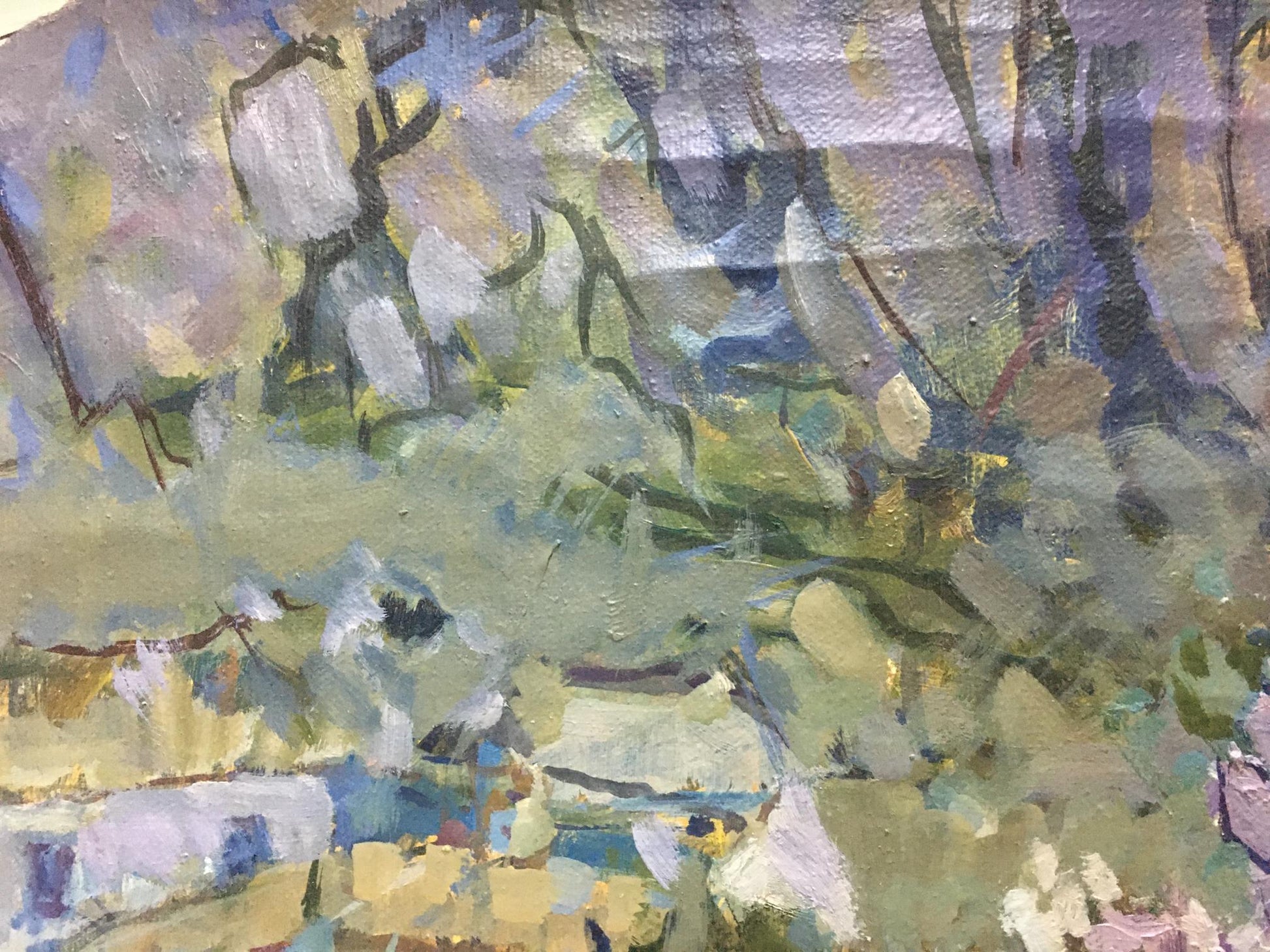 Oil painting Lilac blooms by Denis Korobkov with textured abstract landscape