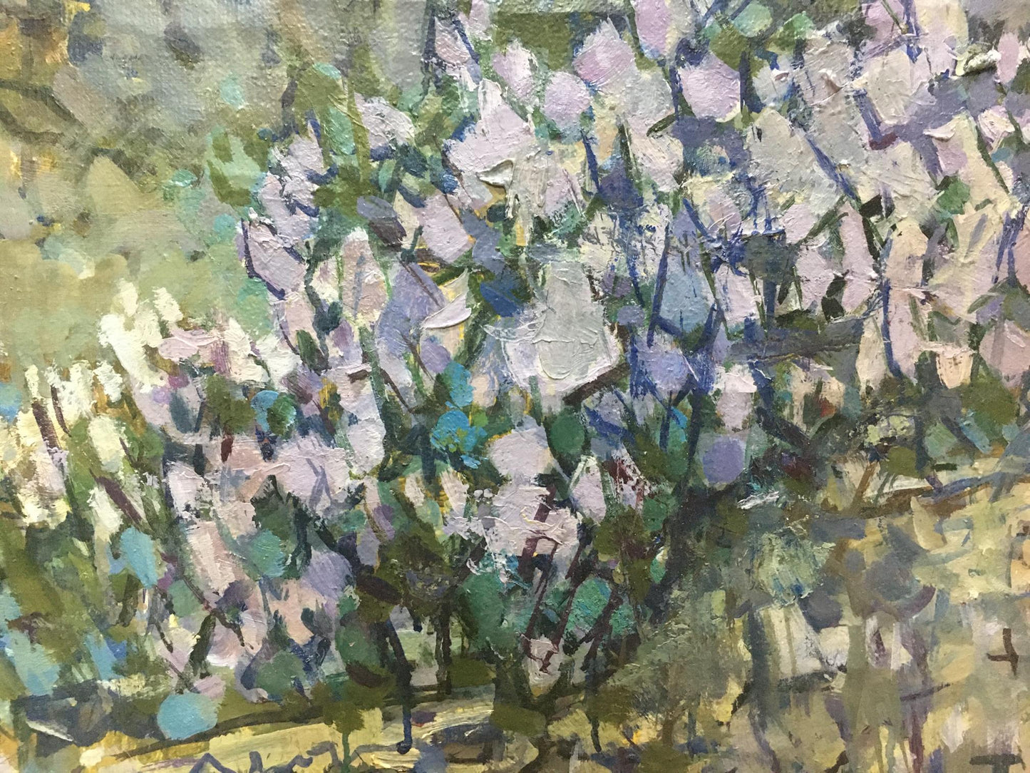 Textured impressionist oil painting of lilac blooms by Denis Korobkov