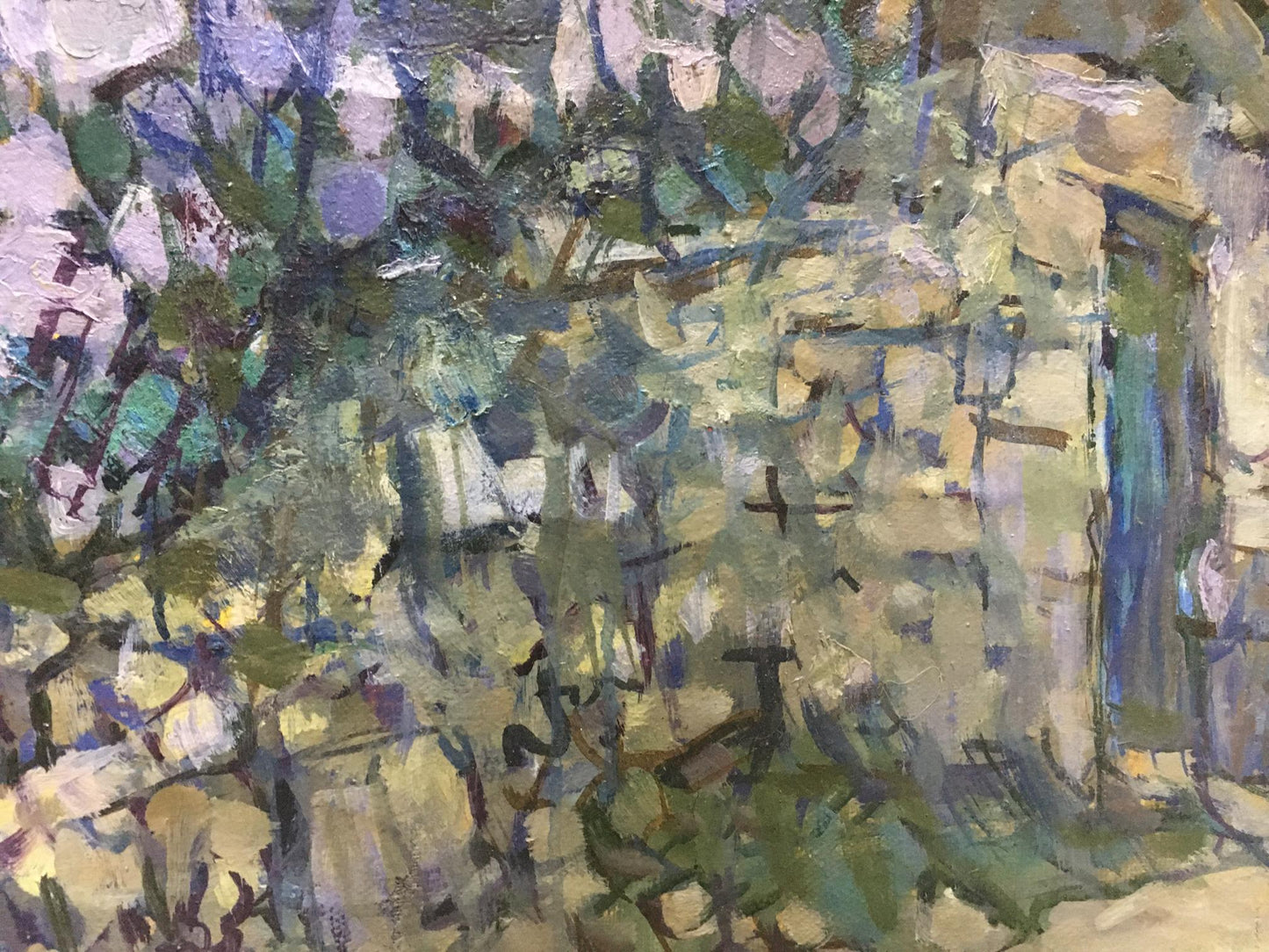 Oil painting Lilac blooms by Denis Korobkov in abstract muted greens and purples