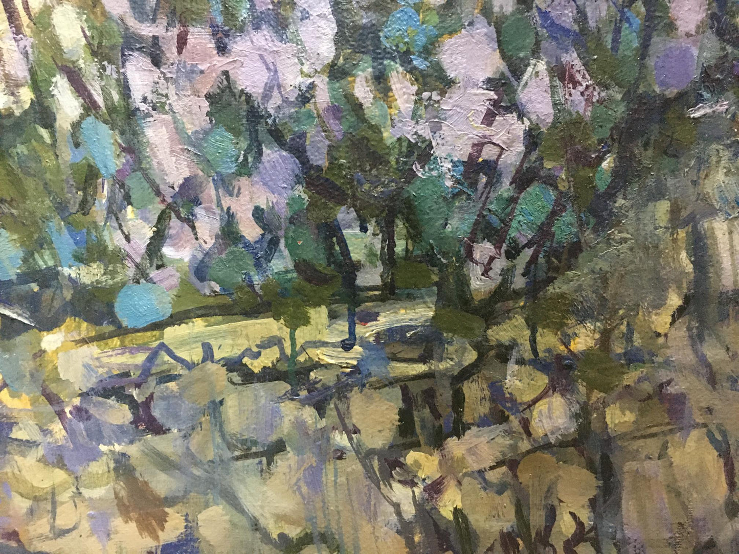 Oil painting Lilac blooms by Denis Korobkov abstract green purple landscape