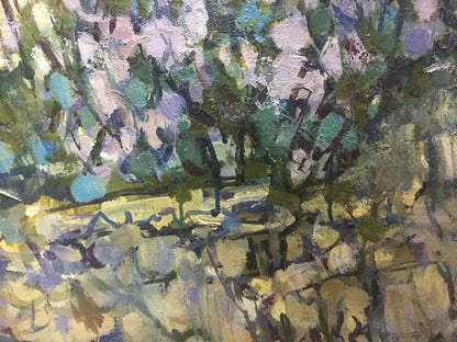 Oil painting Lilac blooms by Denis Korobkov abstract green purple landscape