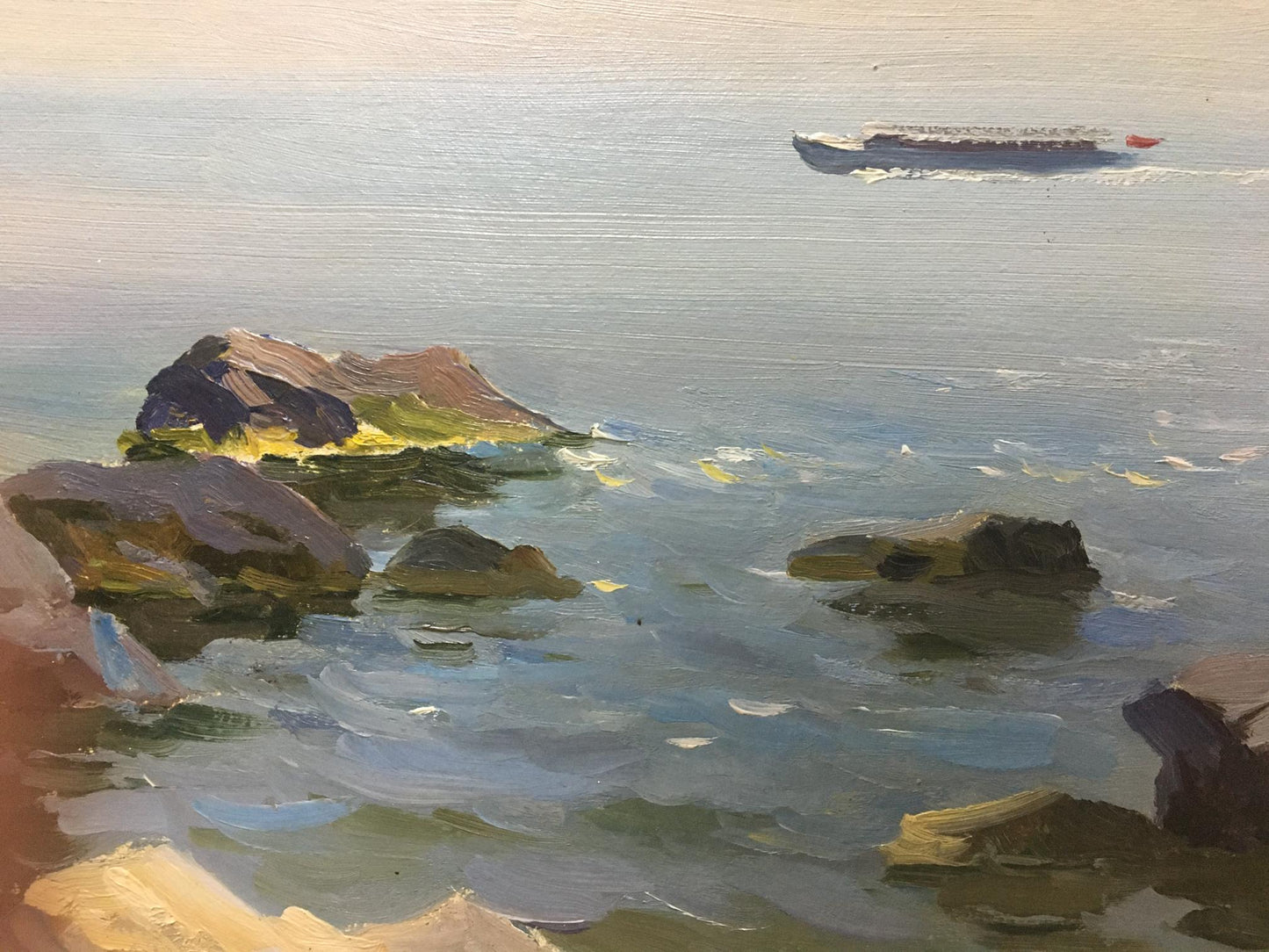 Oil painting of cargo ship on calm sea by Stepan Kalinovich Yarovoy