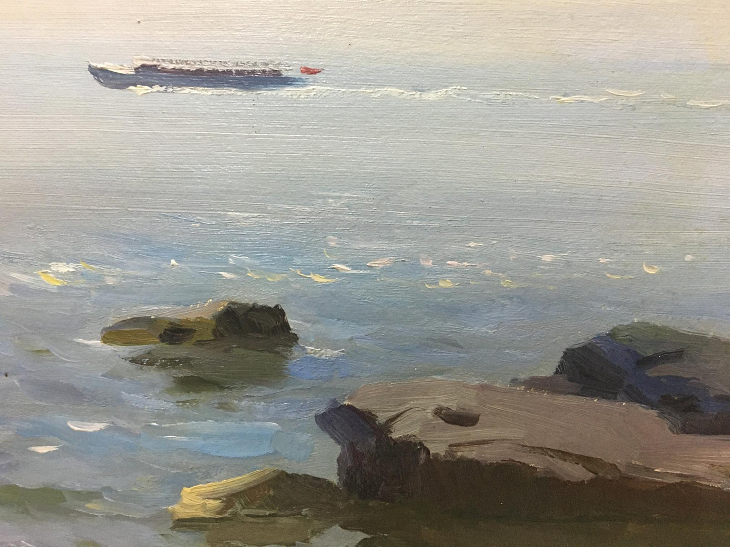 Oil painting of dark boat on calm water by rocky shores by Stepan Kalinovich Yarovoy